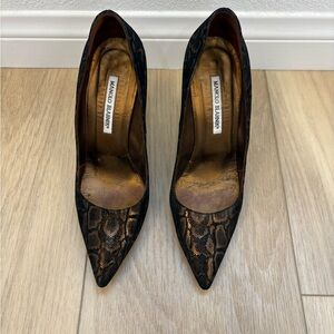 Manolo Blahnik Black and Brown Snakeskin Pointed-Toe Pumps